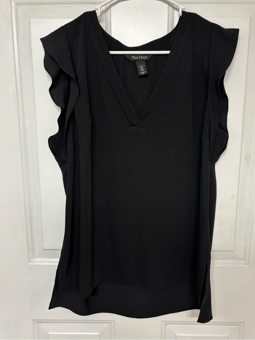 White House Black Market Black Ruffle Sleeve V-Neck Blouse Size M